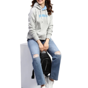Women Blue Solid Hooded Full Sleeve Sweatshirt